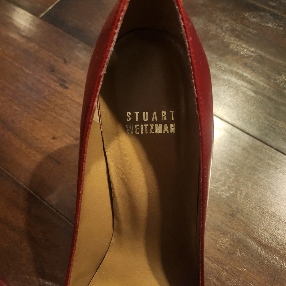 Stuart Weitzman Red Peep Open Toe Heels 7.5 - image 4